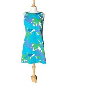 Talbots Cotton Blue Green Tropical Floral Sleeveless Halter Summer Dress, Sz 12